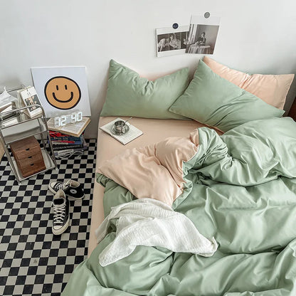 Bedroom with green bedding and a checkered floor