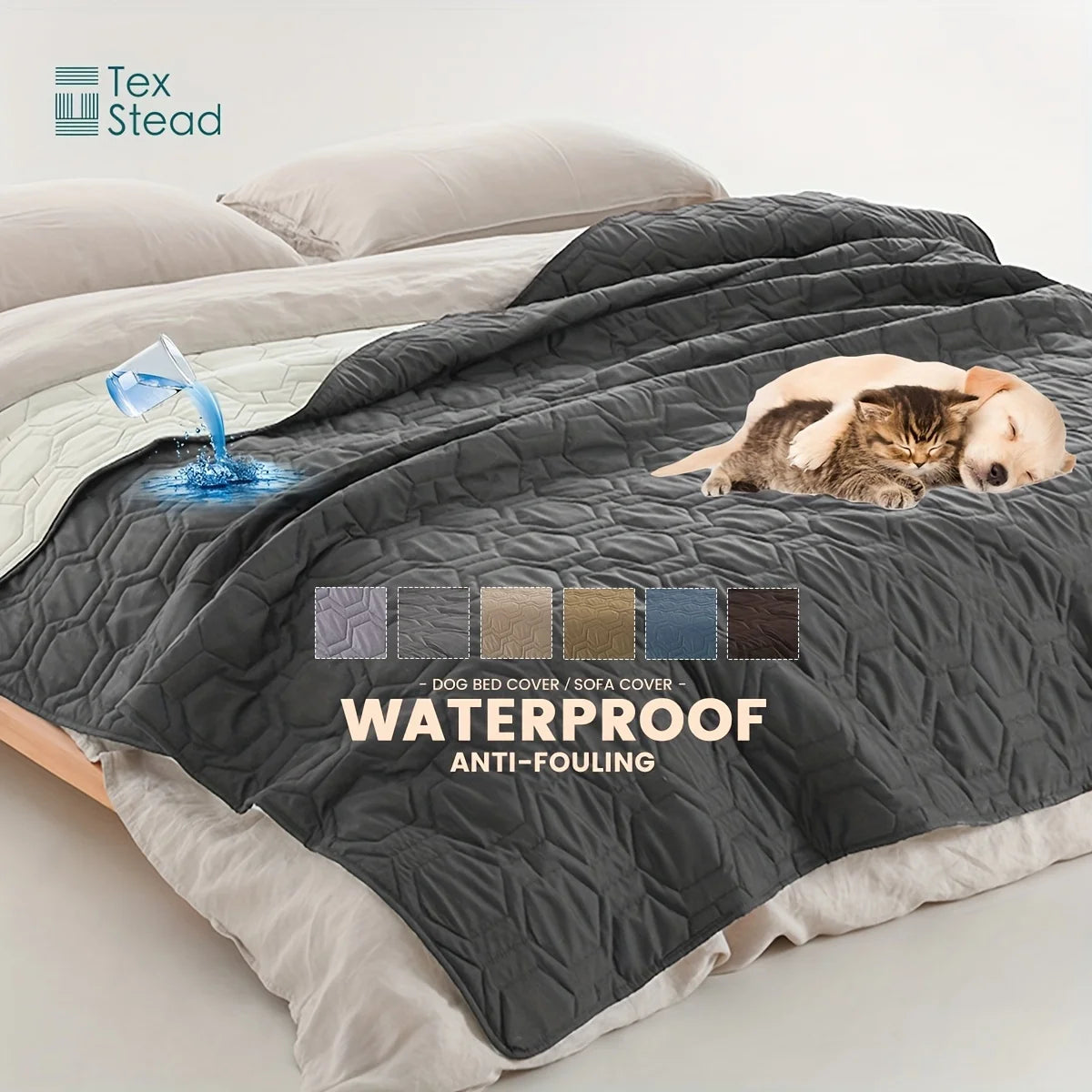 Gray waterproof dog bed cover with two dogs on a bed, featuring the TexStead brand.