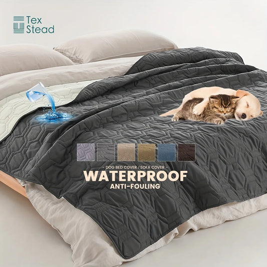 Gray waterproof dog bed cover with two dogs on a bed, featuring the TexStead brand.