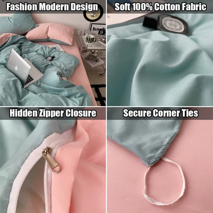 Collage of a teal and pink comforter with features highlighted.