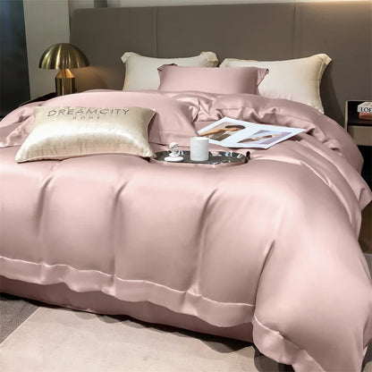 Pink bedding set on a bed with a tray of items and pillows.