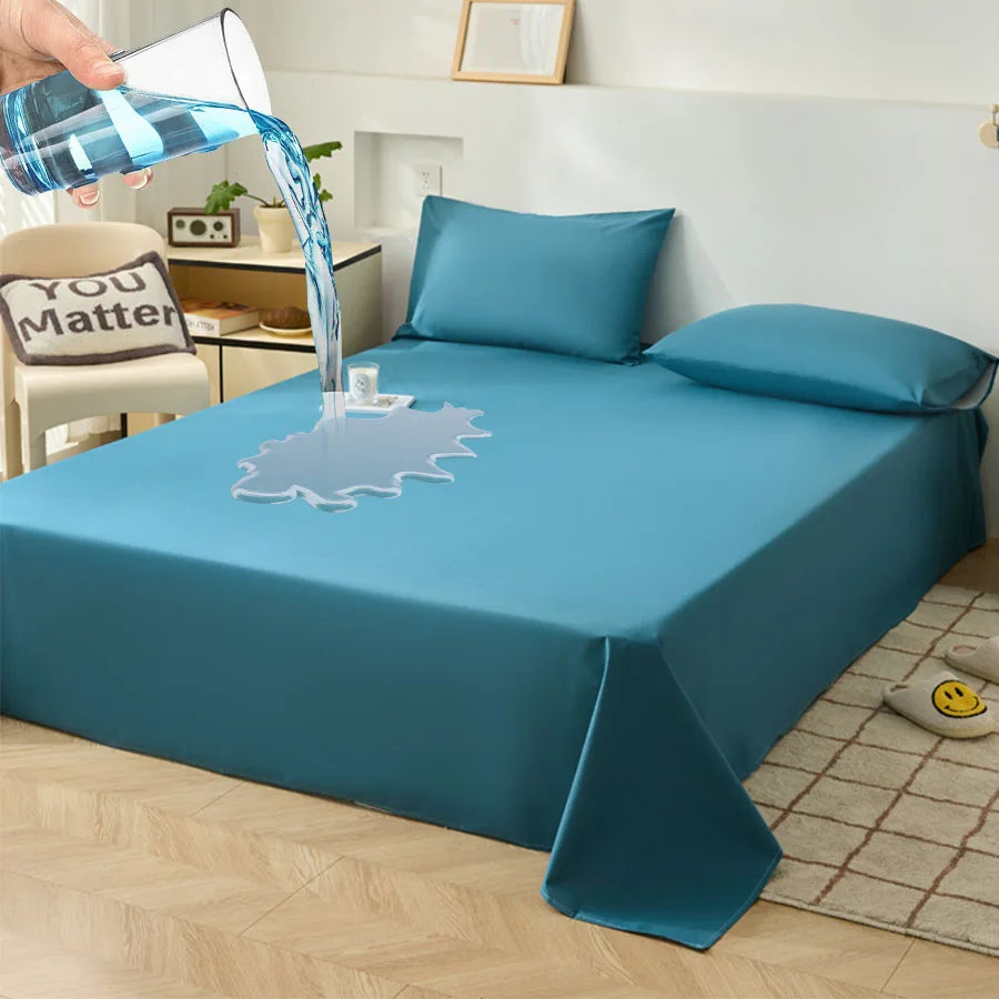 Blue waterproof sheet being poured on a bed in a room setting.