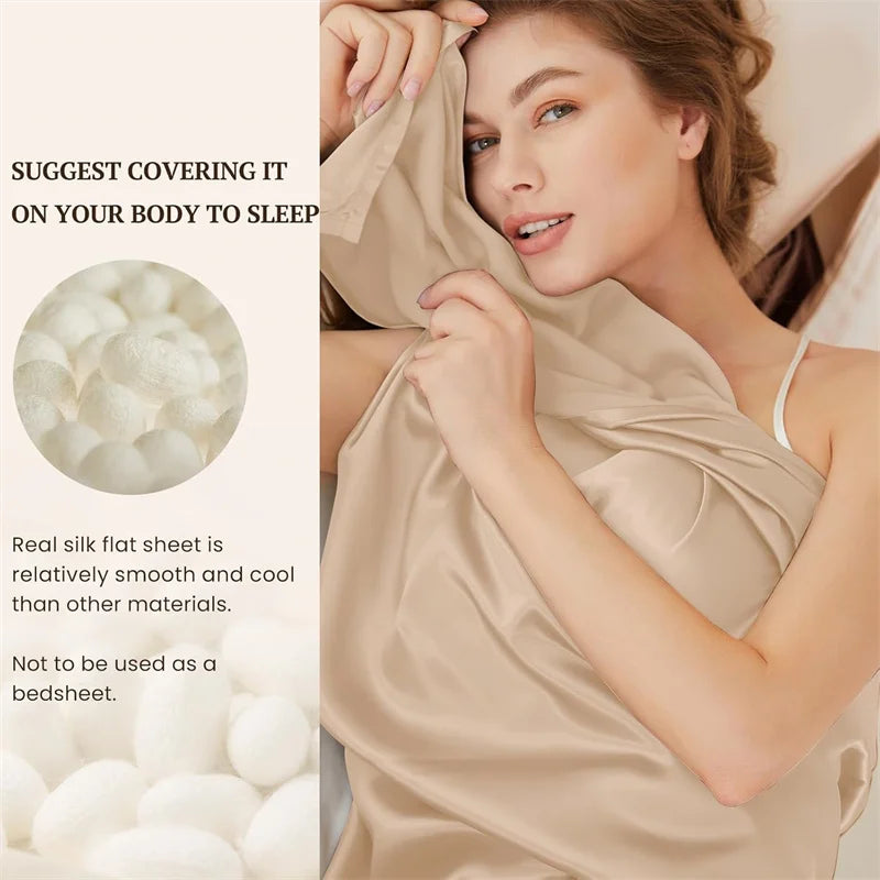 Woman wearing a beige satin sheet with text on the left about silk sheets