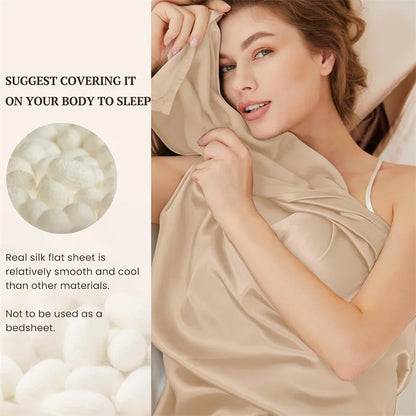 Woman wearing a beige satin sheet with text on the left about silk sheets