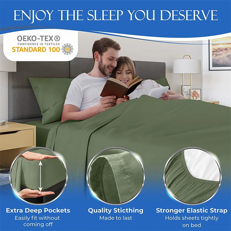 Couple reading in bed with green bedding, featuring Oeko-Tex Standard 100 certification.