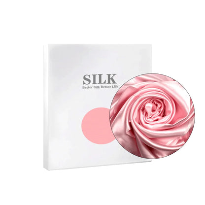 Silk product packaging with a pink rose illustration on a white background