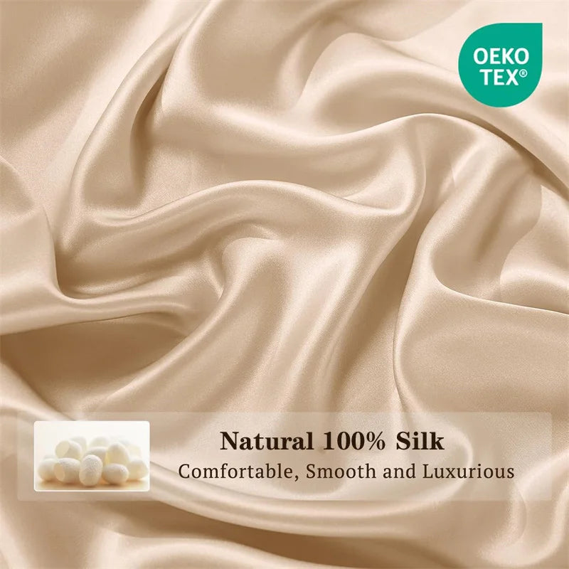 Beige silk fabric with OEKO-TEX logo and text describing natural 100% silk.