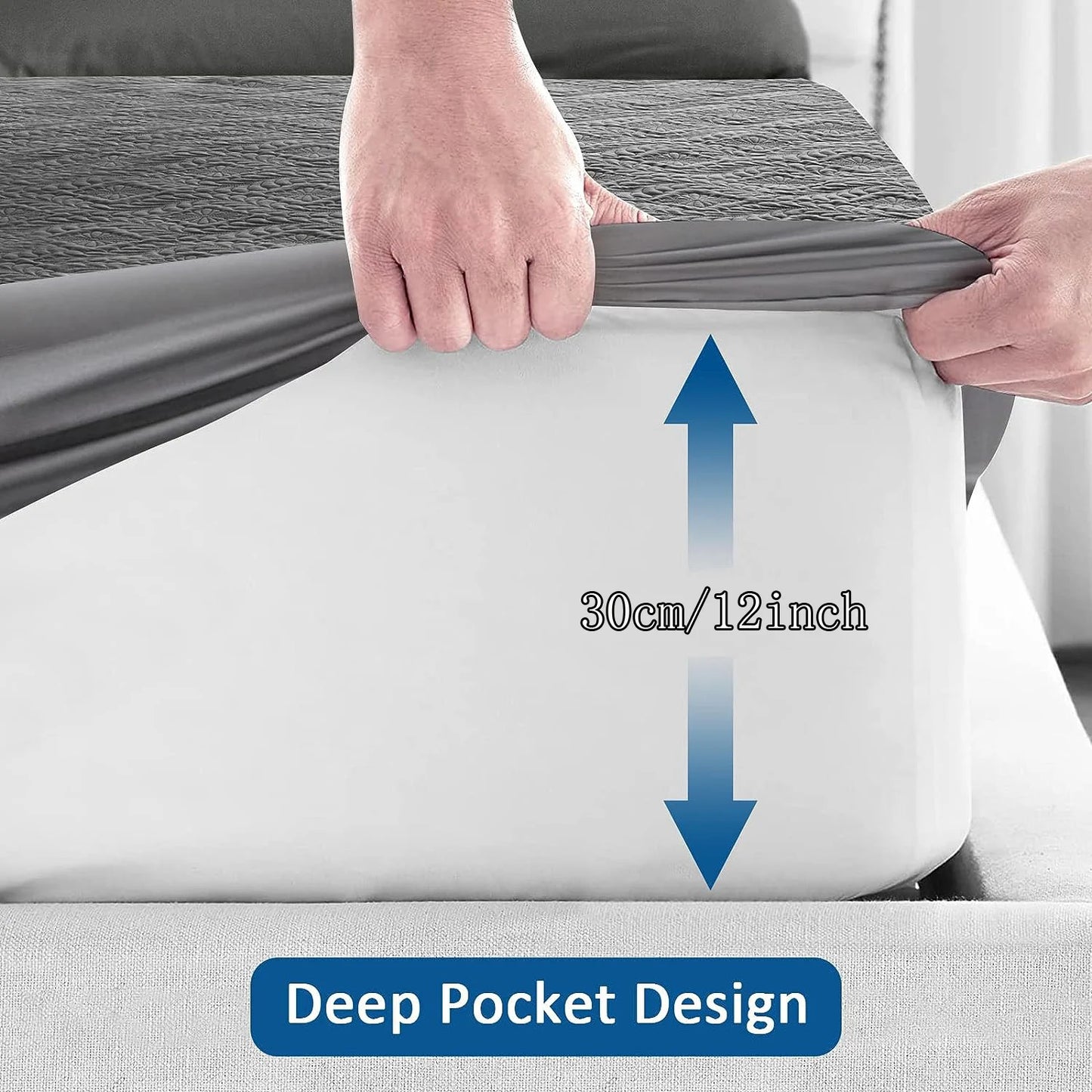 Person stretching a gray fabric over a white cushion with measurement text and 'Deep Pocket Design' label.