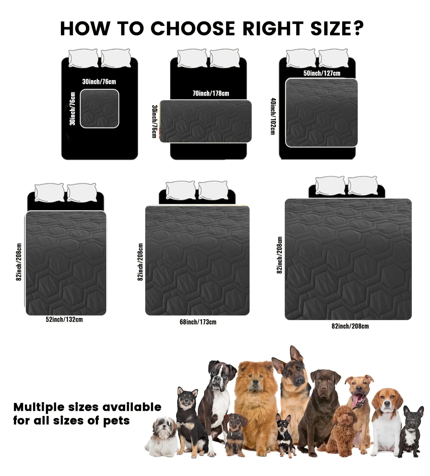 Chart showing different sizes of pet beds with measurements and examples of pets of various sizes.