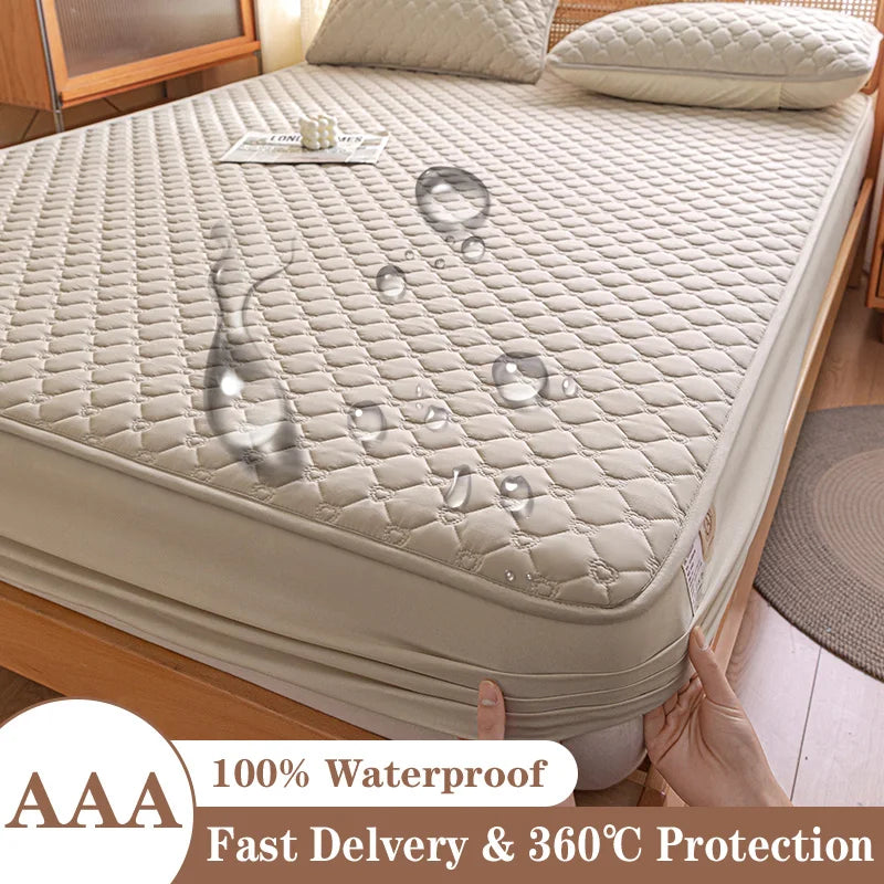 Beige mattress cover on a bed with water droplets demonstrating waterproof feature, text overlay about product features.