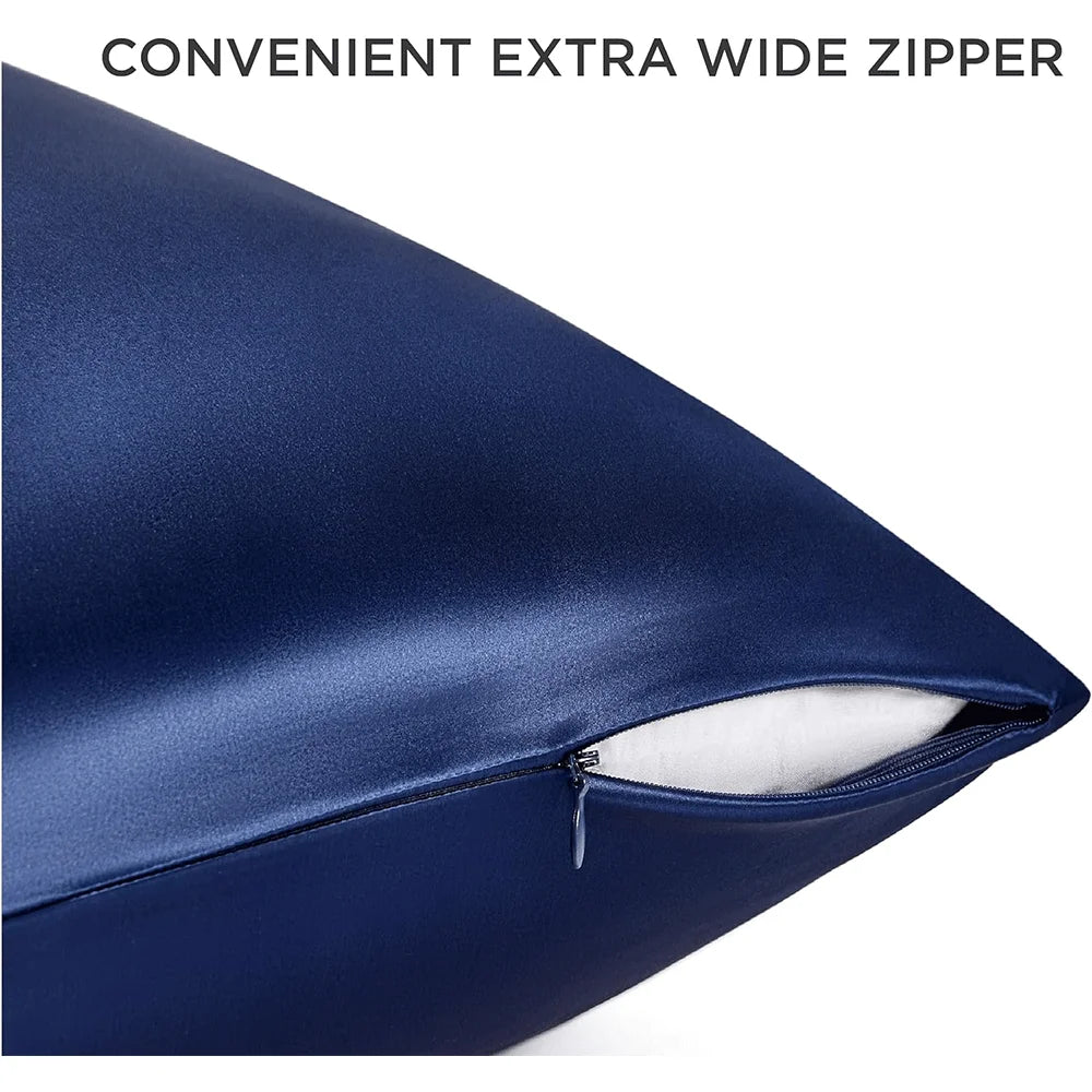 Blue satin pillow with an extra wide zipper on a white background