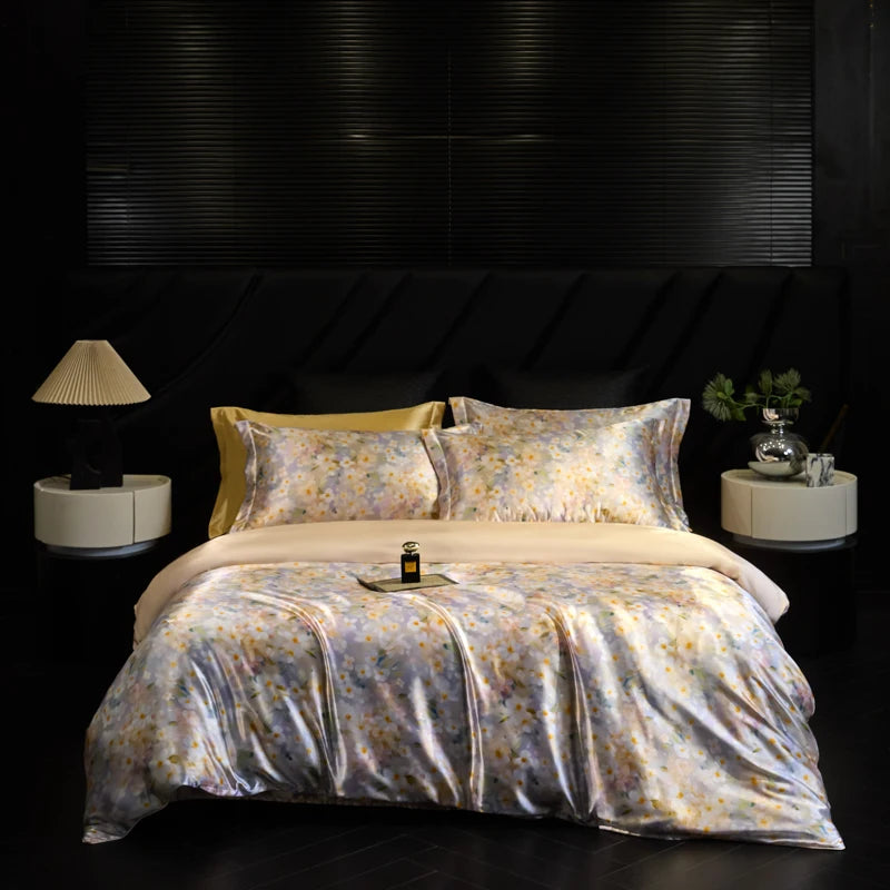 Floral patterned bedding set on a bed in a darkly decorated room.