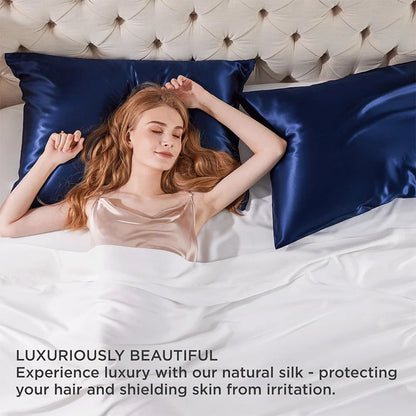 Woman lying in bed with blue satin pillowcases, text about natural silk pillowcases.