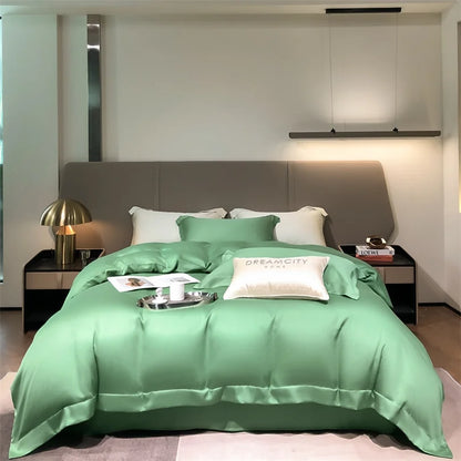 Bedroom with green bedding and modern decor