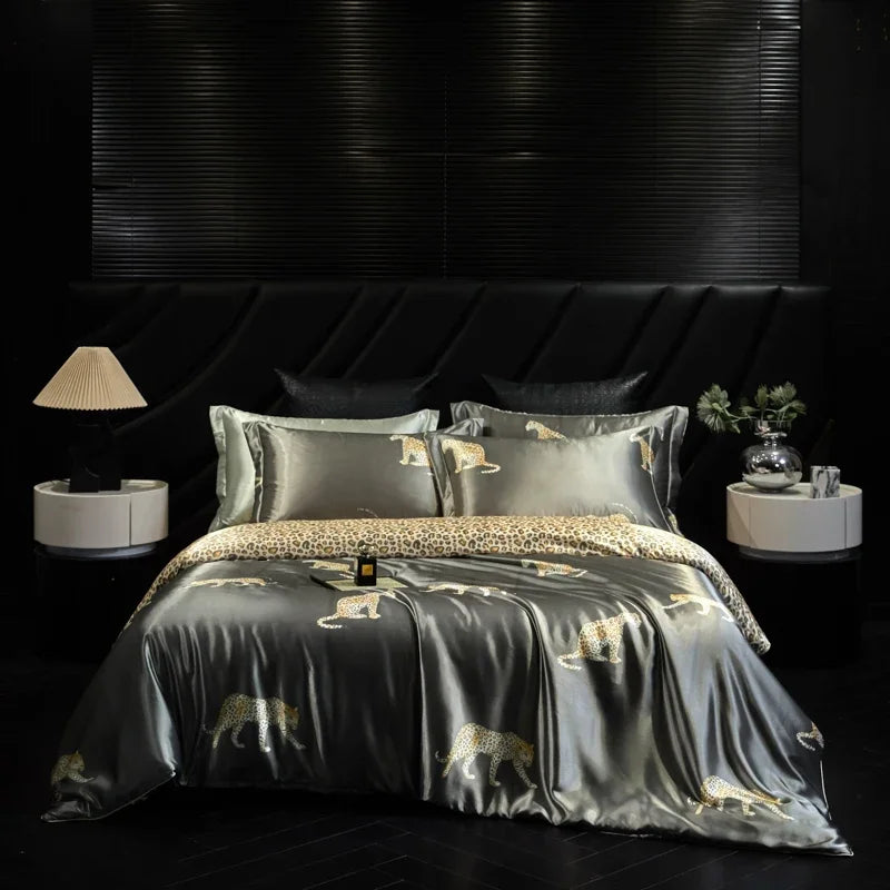 Bedding set with leopard pattern in a dark bedroom setting