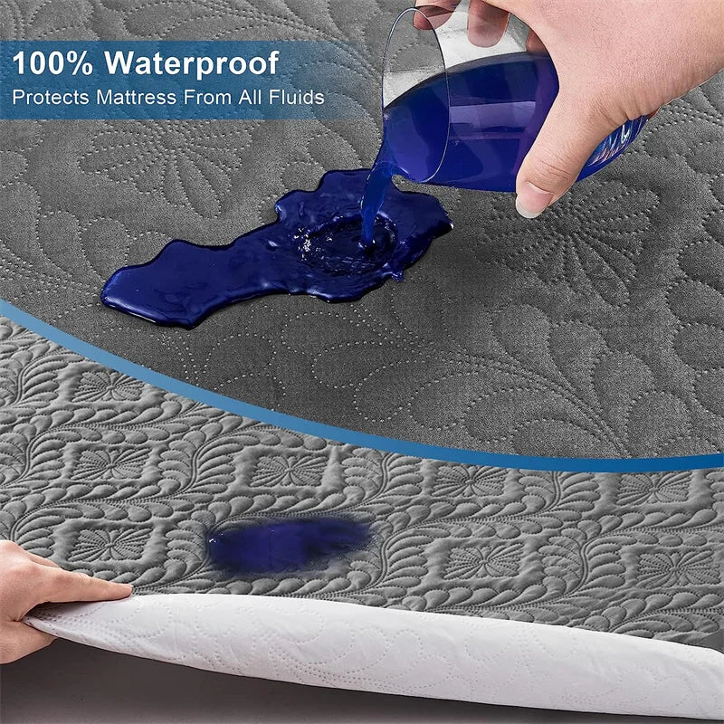 Person pouring blue liquid onto a gray mattress cover with text indicating waterproof protection.