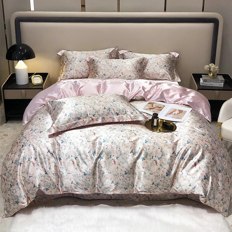 Floral bedding set on a bed with nightstands and decor items.