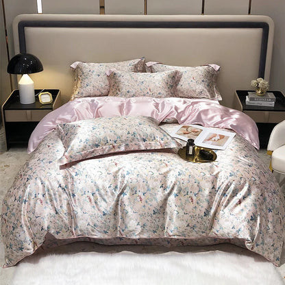 Floral bedding set on a bed with nightstands and decor items.
