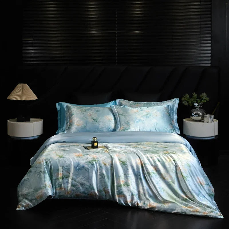 Bed with floral bedding in a darkly decorated room