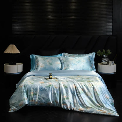 Bed with floral bedding in a darkly decorated room