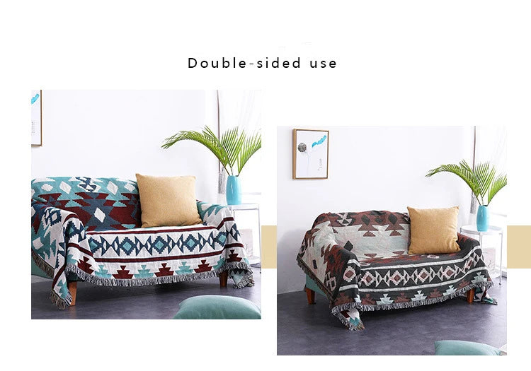 Patterned throw blanket on a sofa with text 'Double-sided use' on a white background.