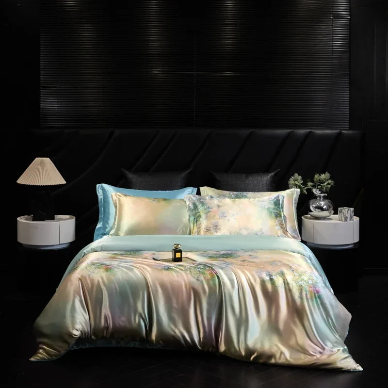 Bed with floral bedding set in a darkly decorated room