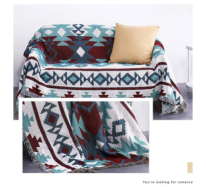 Geometric patterned throw blanket with fringe on a couch, with a close-up inset.