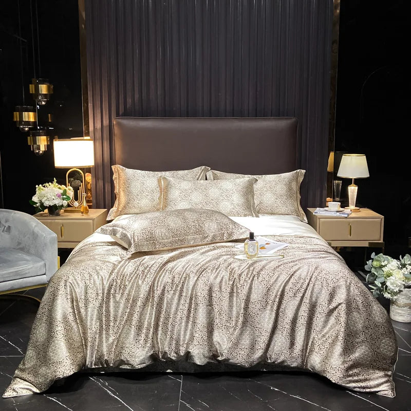 Decorative bed with gold and silver bedding in a stylish bedroom setting.