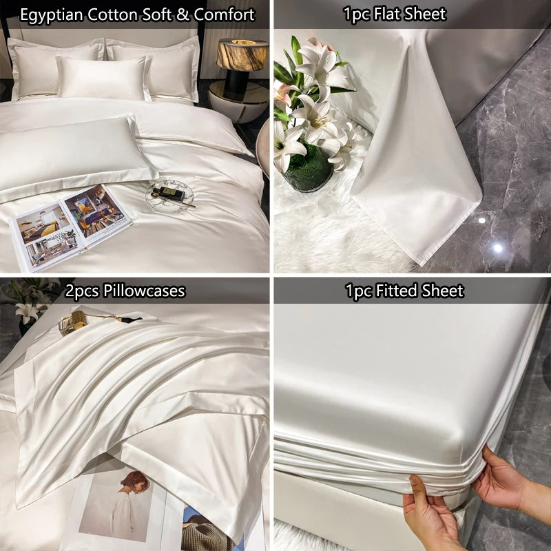 Bedding set with flat sheet, pillowcases, and fitted sheet displayed on a bed.