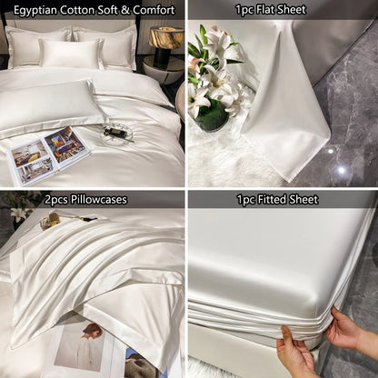 Bedding set with flat sheet, pillowcases, and fitted sheet displayed on a bed.