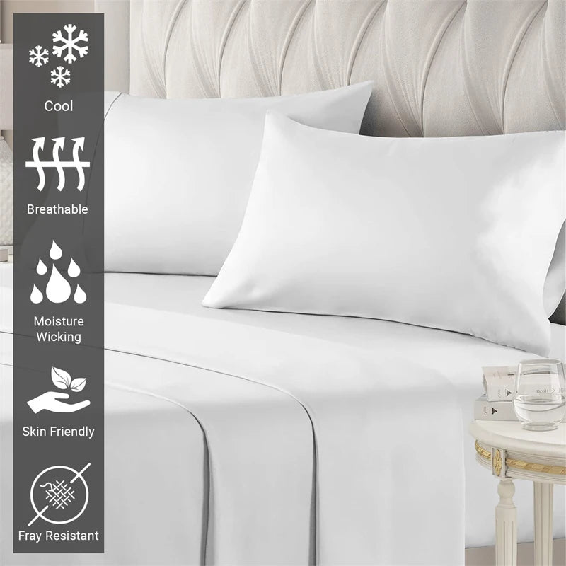 White bed sheets and pillows on a bed with features listed on the left.