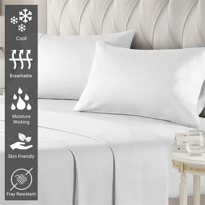 White bed sheets and pillows on a bed with features listed on the left.