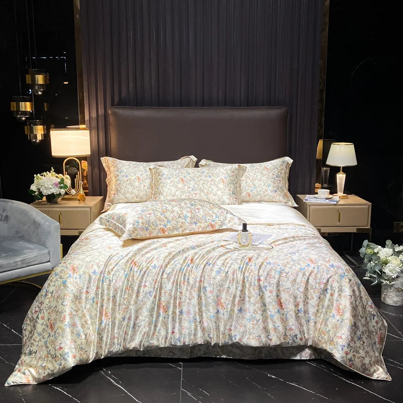 Floral patterned bedding set on a bed in a dimly lit bedroom.