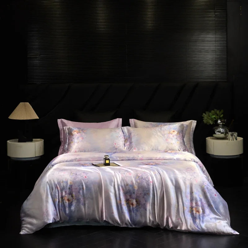 Bedding set with floral design on a dark bedroom background