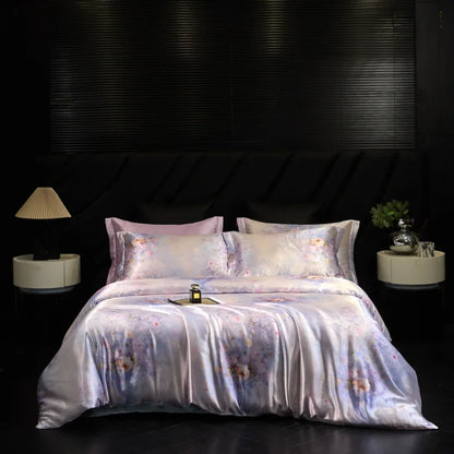 Bedding set with floral design on a dark bedroom background