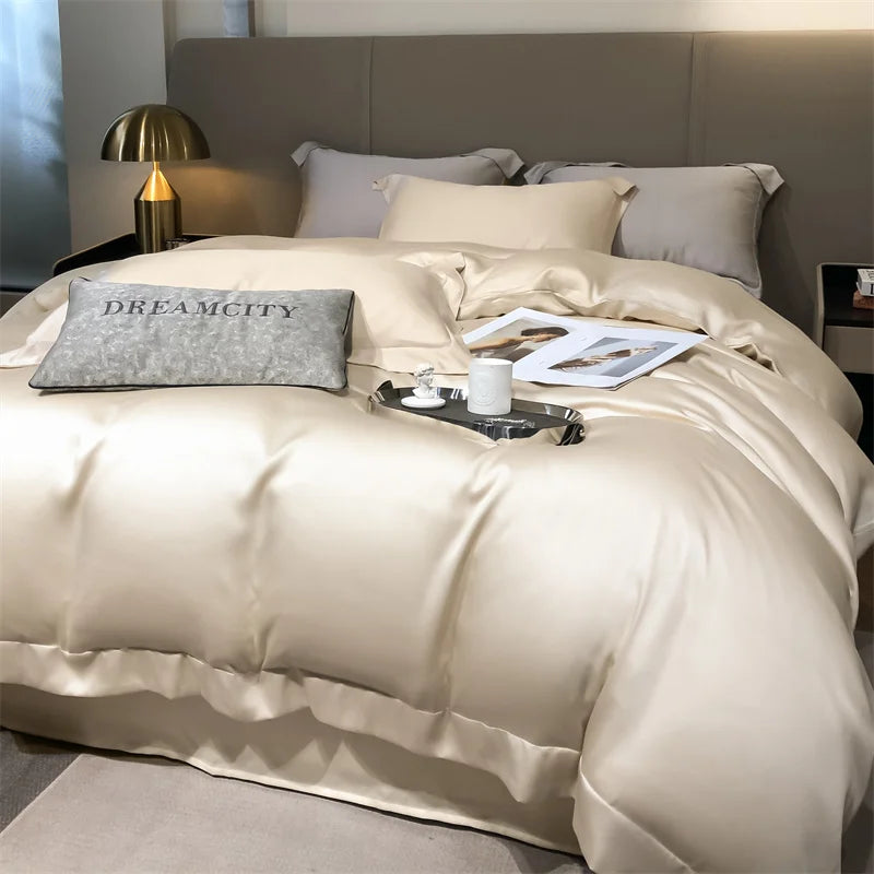 Beige bedding set on a bed with pillows and a tray in a bedroom setting.