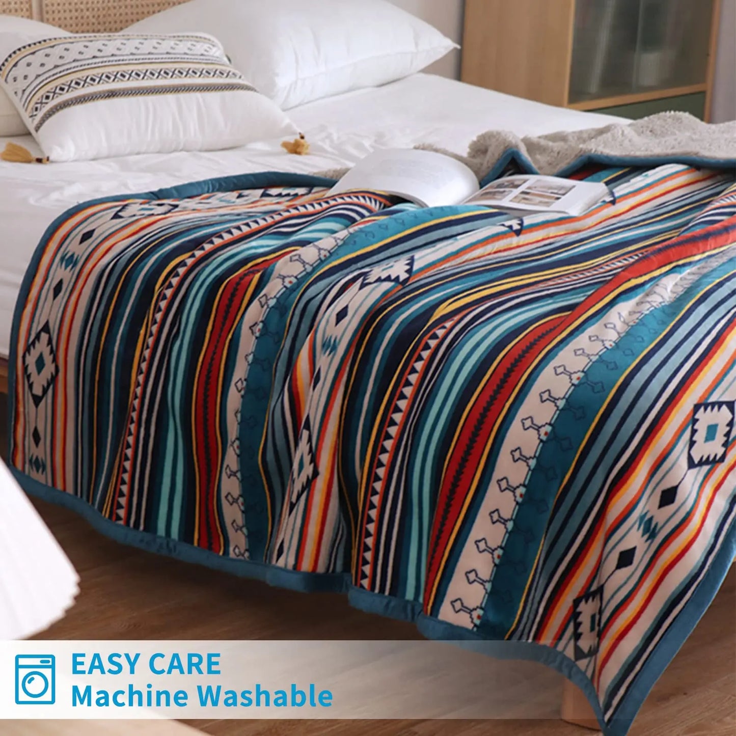 Colorful patterned blanket on a bed with 'Easy Care Machine Washable' text.