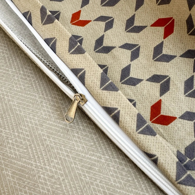 Fabric with geometric pattern and zipper on a textured surface