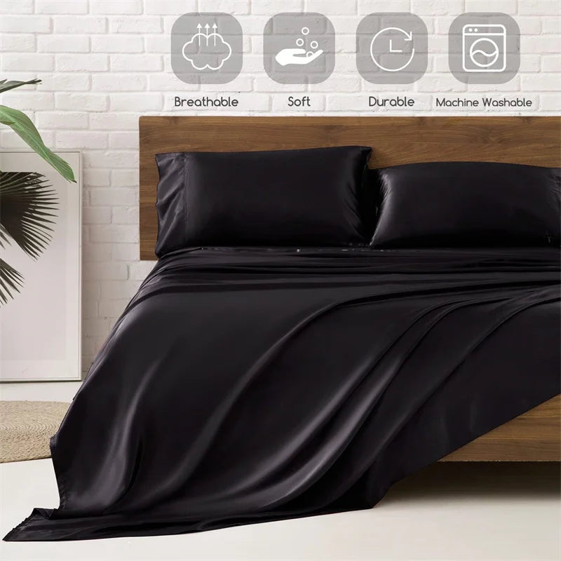 Black satin bedding set on a bed with a wooden headboard, featuring icons and text about material properties.