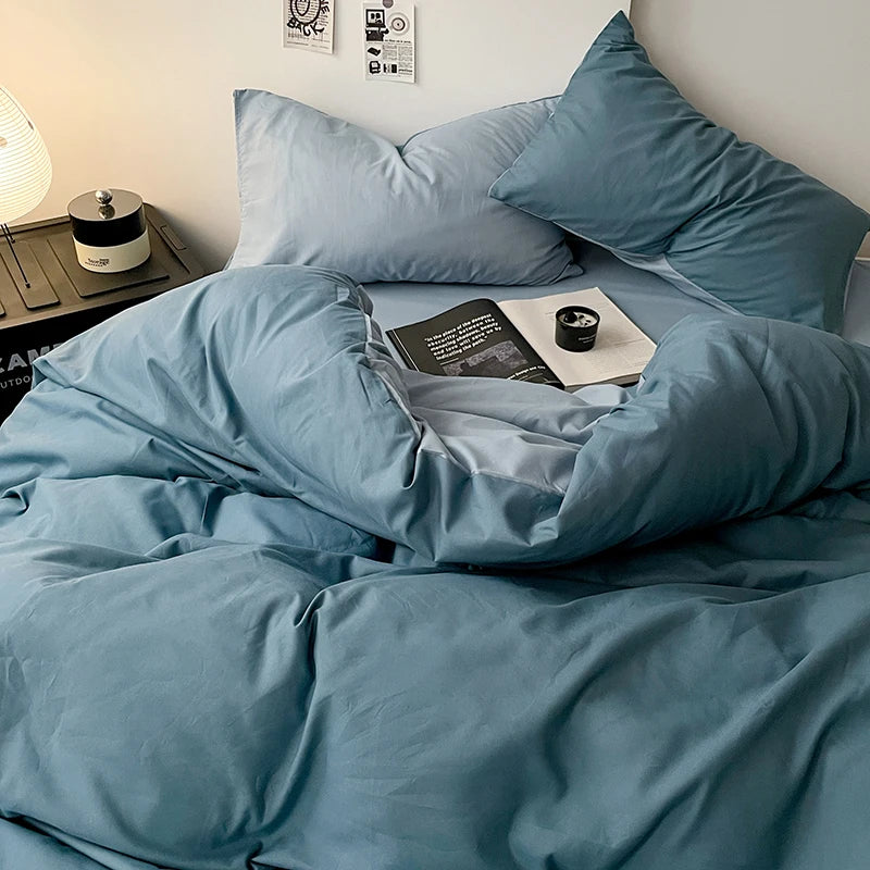 Simple Blue Solid Color Bedding Set Soft Brushed Duvet Covers Pillowcase