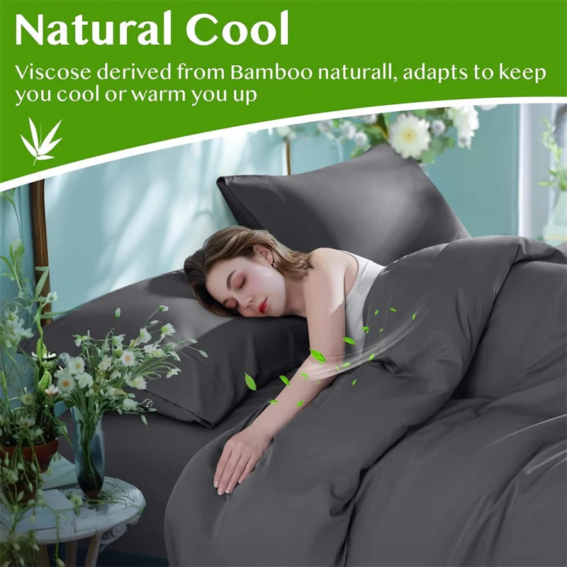 Woman lying in bed with gray bedding, surrounded by flowers and plants, with a green banner about bamboo viscose.