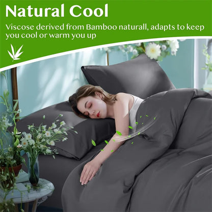 Woman lying in bed with gray bedding, surrounded by flowers and plants, with a green banner about bamboo viscose.