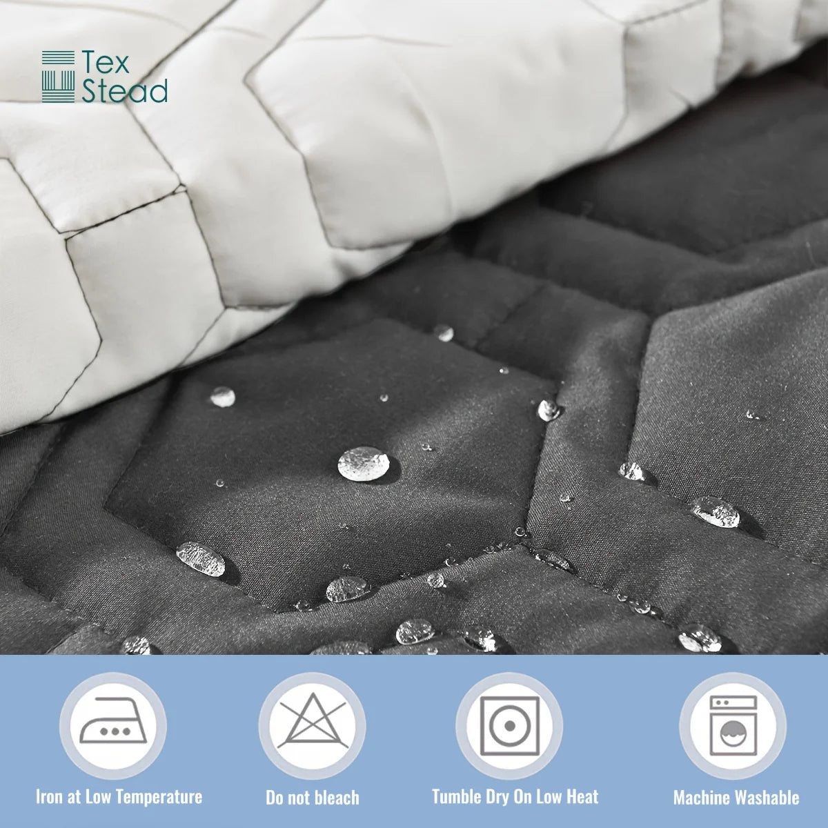 Textile with water droplets demonstrating water-resistant properties, featuring the TexStead brand.