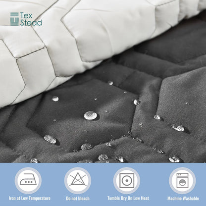Textile with water droplets demonstrating water-resistant properties, featuring the TexStead brand.