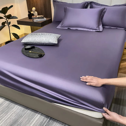 Person adjusting a purple satin sheet set on a bed in a bedroom setting.
