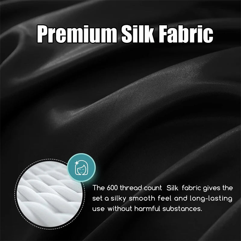 Black silk fabric with text about premium silk fabric and 600 thread count