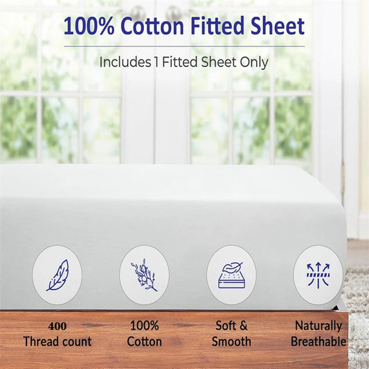 100% Cotton Fitted Sheet with features on a bed in a bright room