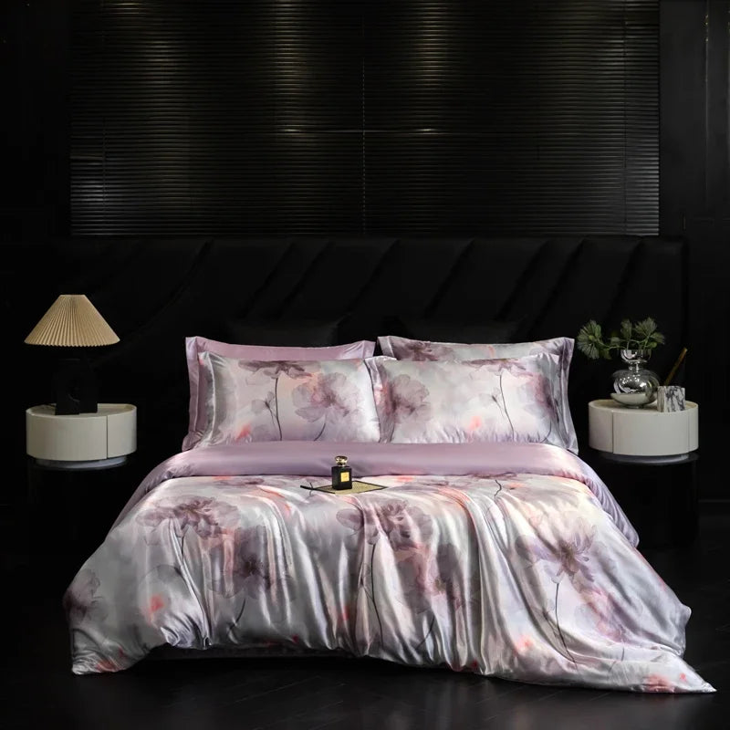 Floral bedding set on a bed in a darkly decorated room