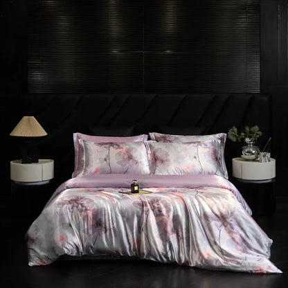 Floral bedding set on a bed in a darkly decorated room