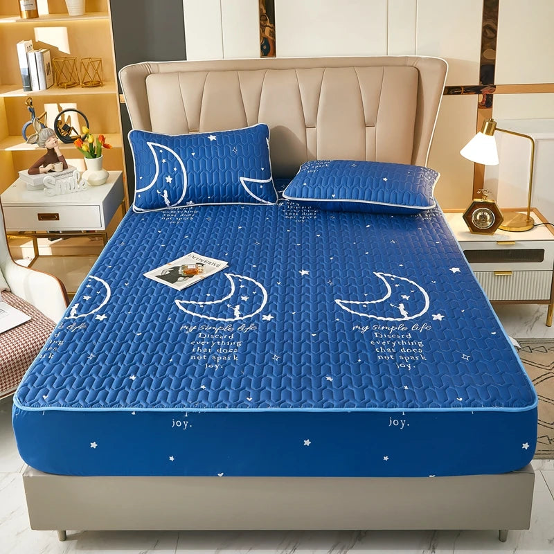 Moon mattress cover on a bed in a bedroom setting